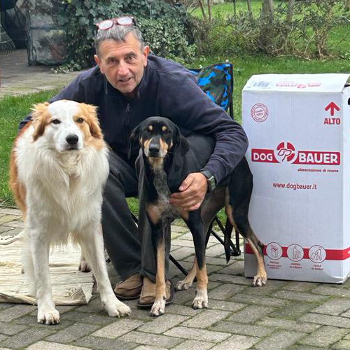 Due cani salvati da canili con il loro amico umano e cartone di crocchette Dogbauer